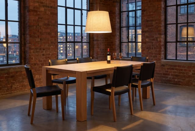 The Balkan Dining Table in a brick loft at dusk, one linen pendant over the table, leather-and-oak chairs