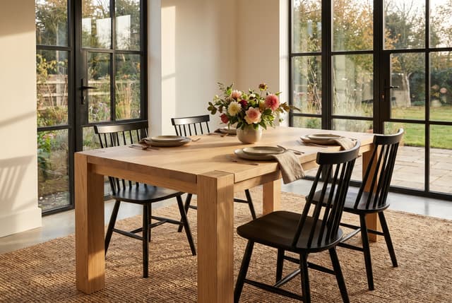 The Balkan Dining Table in a modern farmhouse dining room, steel windows onto the garden, laid for dinner