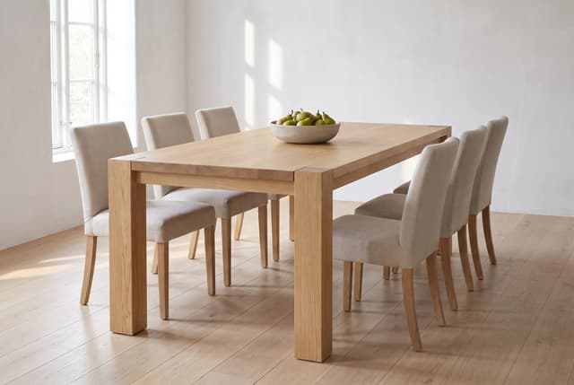 The Balkan Dining Table in a bright Scandinavian dining room, six linen chairs and a bowl of pears in morning light