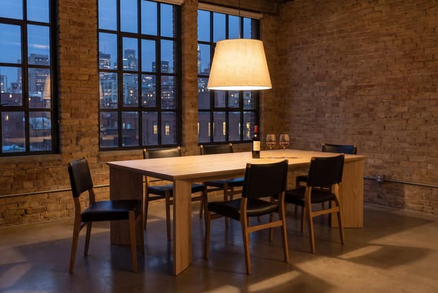 The Kouper Dining Table in a brick loft at dusk, one linen pendant over the table, leather-and-oak chairs