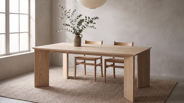 The Kouper Dining Table in a quiet Japandi dining room, a paper lantern and eucalyptus