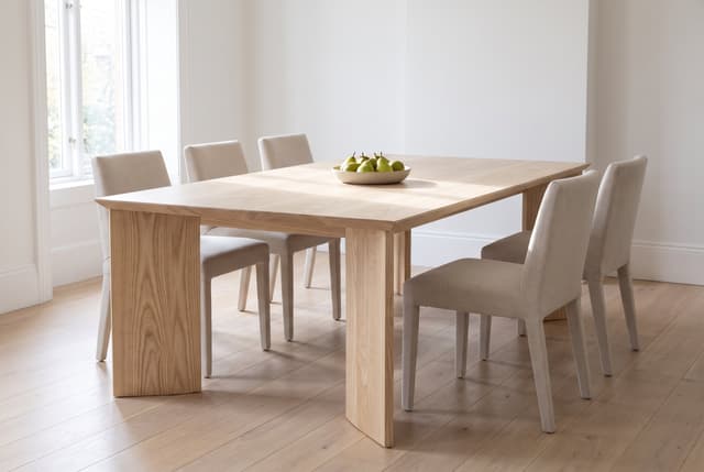 The Kouper Dining Table in a bright Scandinavian dining room, linen chairs and a bowl of pears in morning light