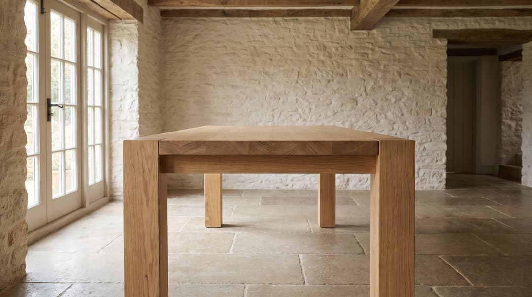 Balkan Dining Table in European oak, head-on and minimal from the end, the posts and the band