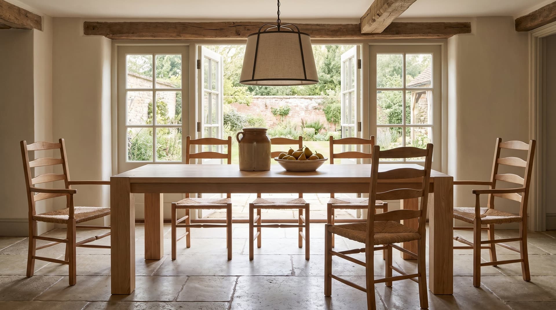 Balkan Dining Table in European oak, against the open garden doors, two chairs pulled out