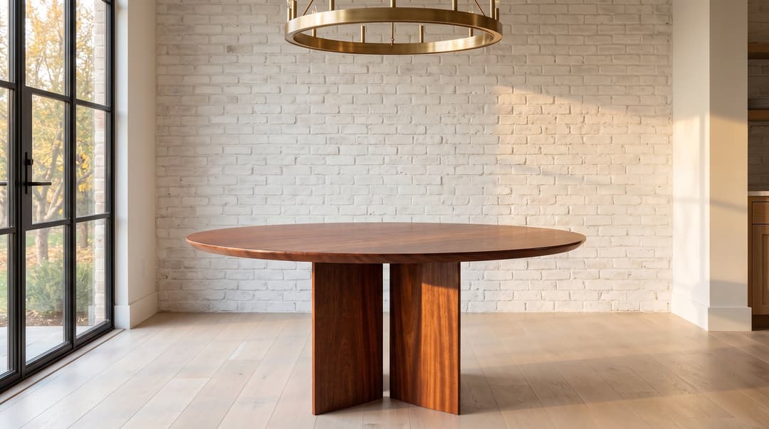 Kouper Round Dining Table in sapele mahogany, head-on and minimal, the four blades and the beveled rim
