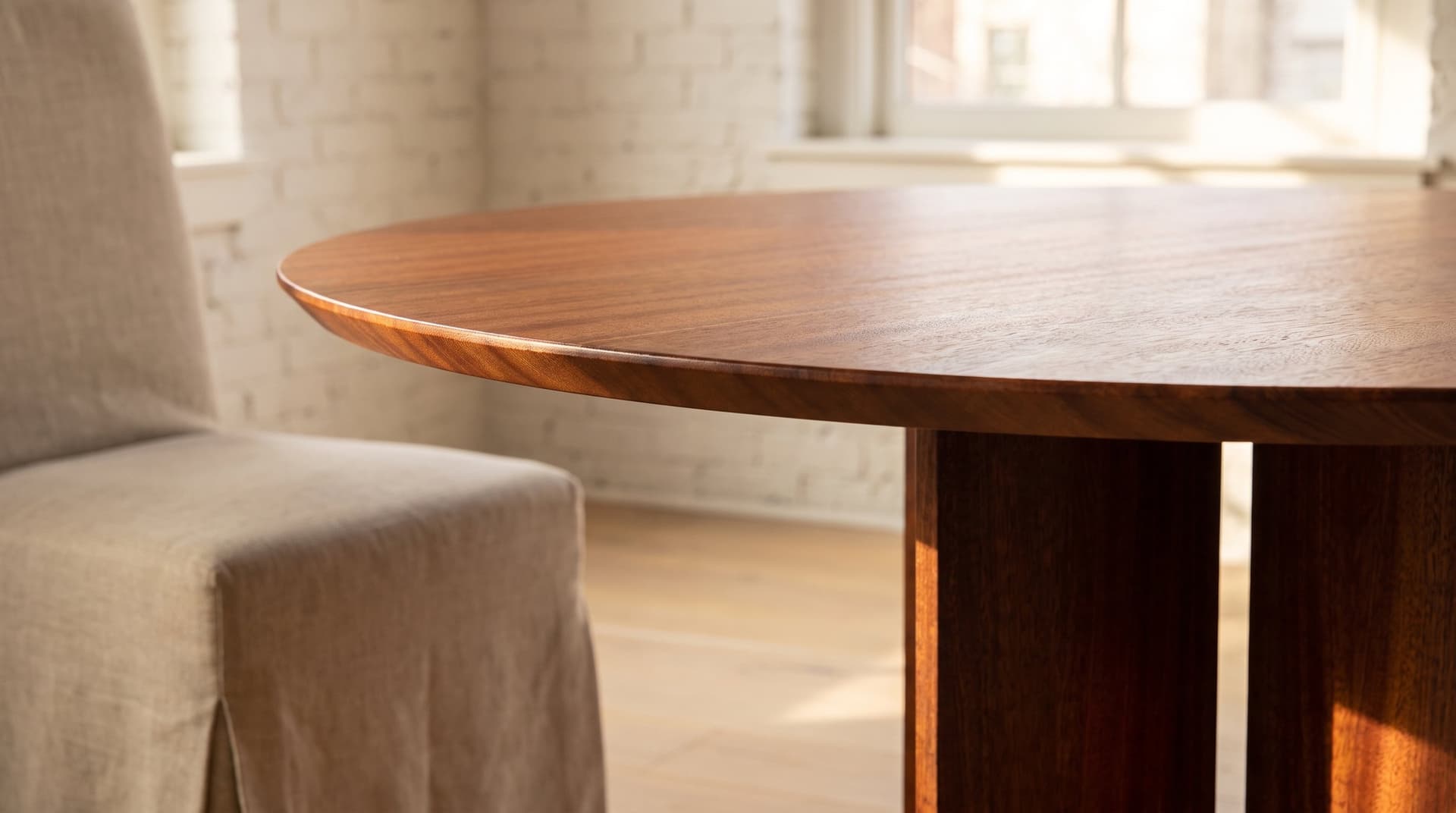 Kouper Round Dining Table in sapele mahogany, the rim and a blade, close