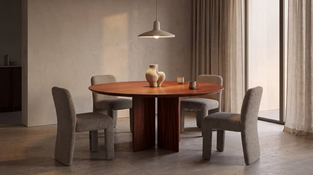 The Kouper Round Dining Table in at dusk under a plaster pendant