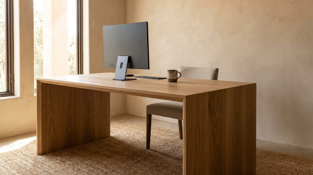 Solid white oak waterfall desk in a home office, both ends folded to the floor