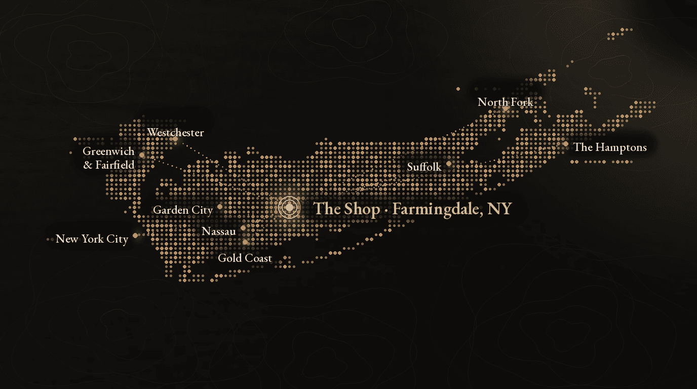 Hardtwood white-glove delivery map: from our Farmingdale, NY shop across Long Island (Nassau, Suffolk, Garden City, the Gold Coast, North Fork, and the Hamptons) into New York City, Westchester, and Greenwich & Fairfield in coastal Connecticut.