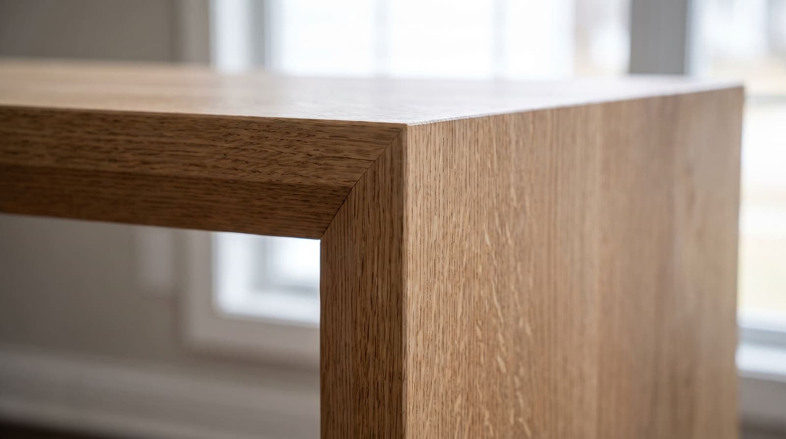Close-up of a chamfered white oak waterfall corner