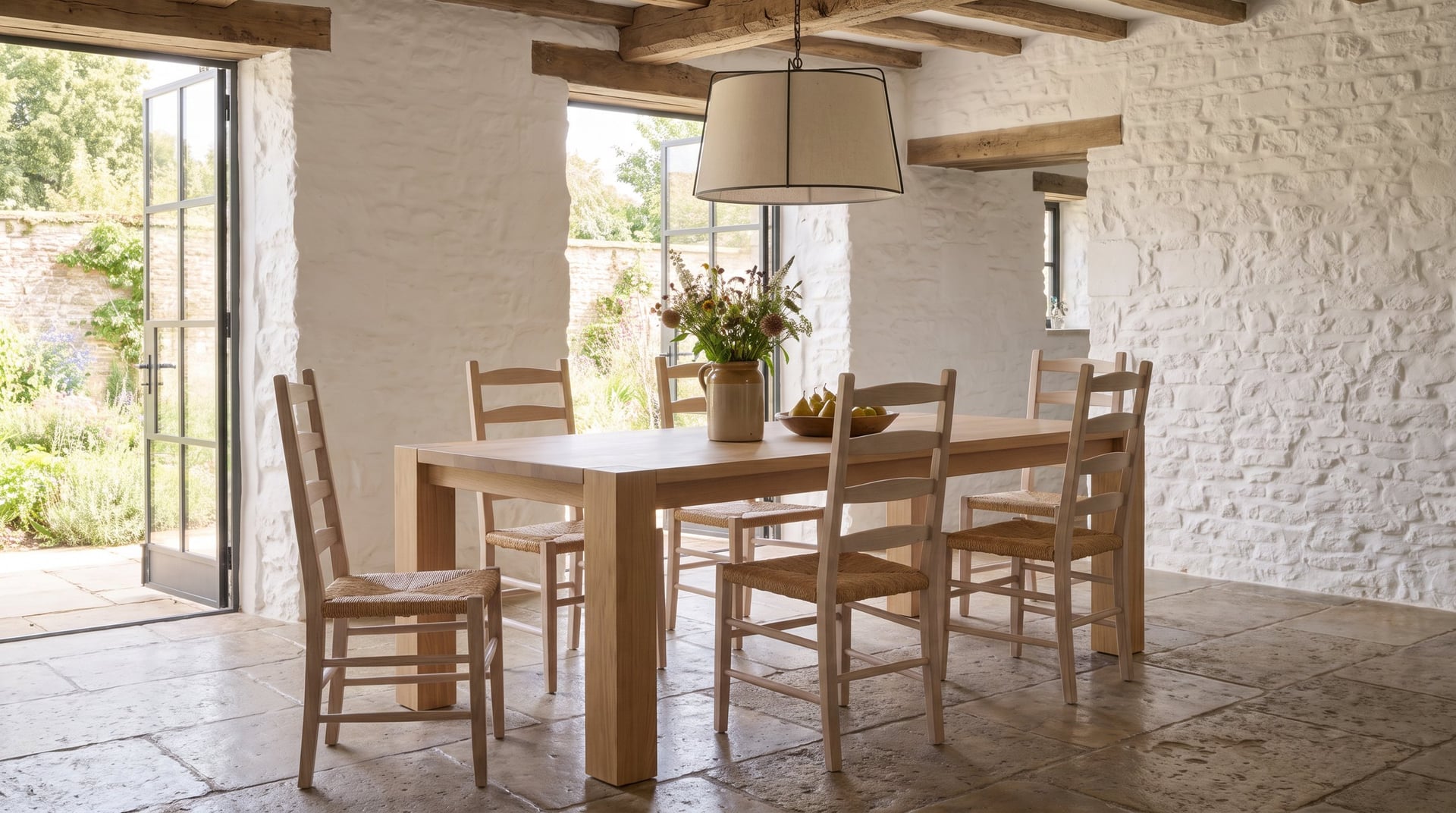 Balkan Dining Table in European oak, the farmhouse dining room from the corner, six ladderback chairs and the garden doors