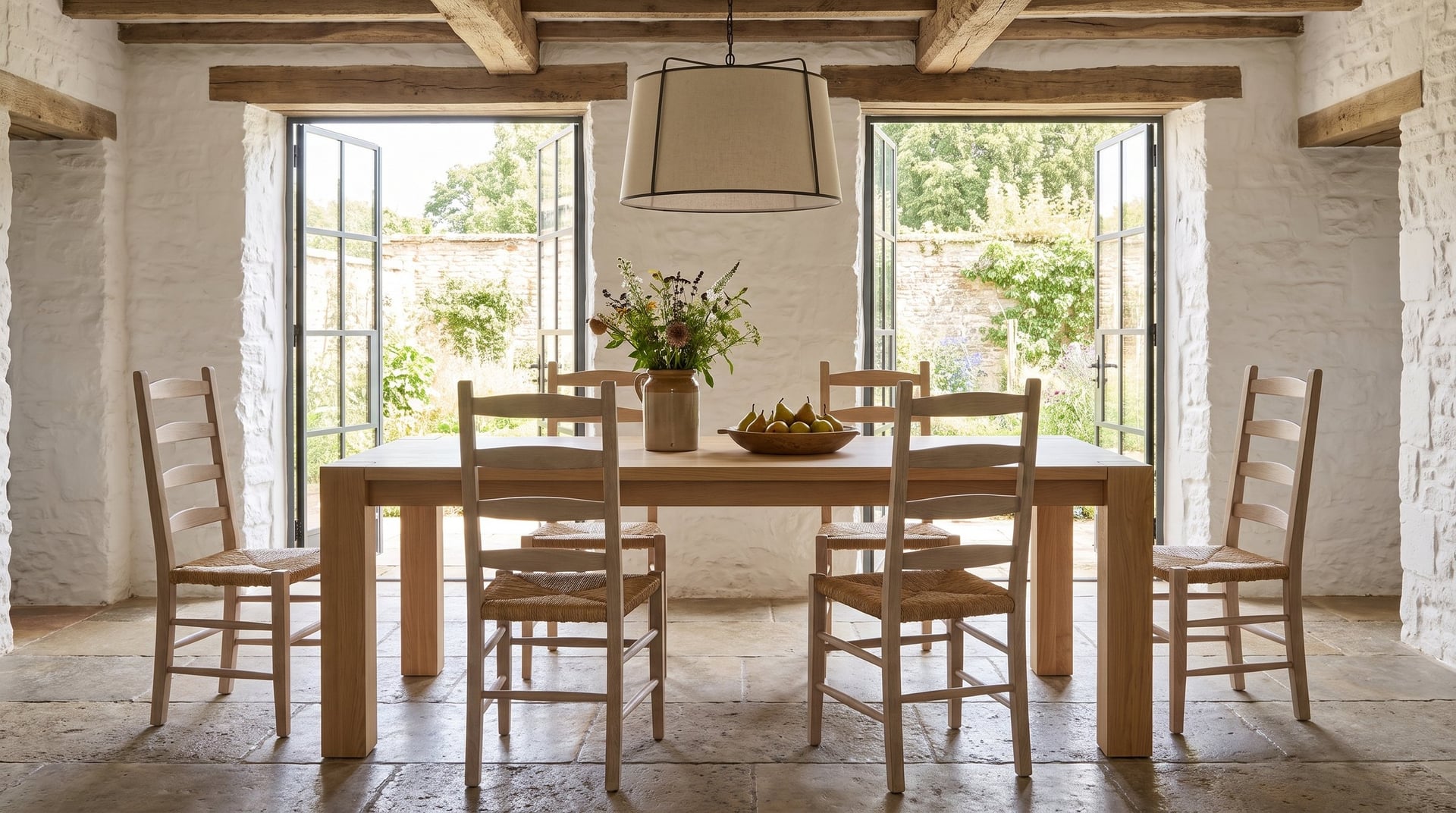 Balkan Dining Table in European oak, the farmhouse dining room, six ladderback chairs before the garden doors