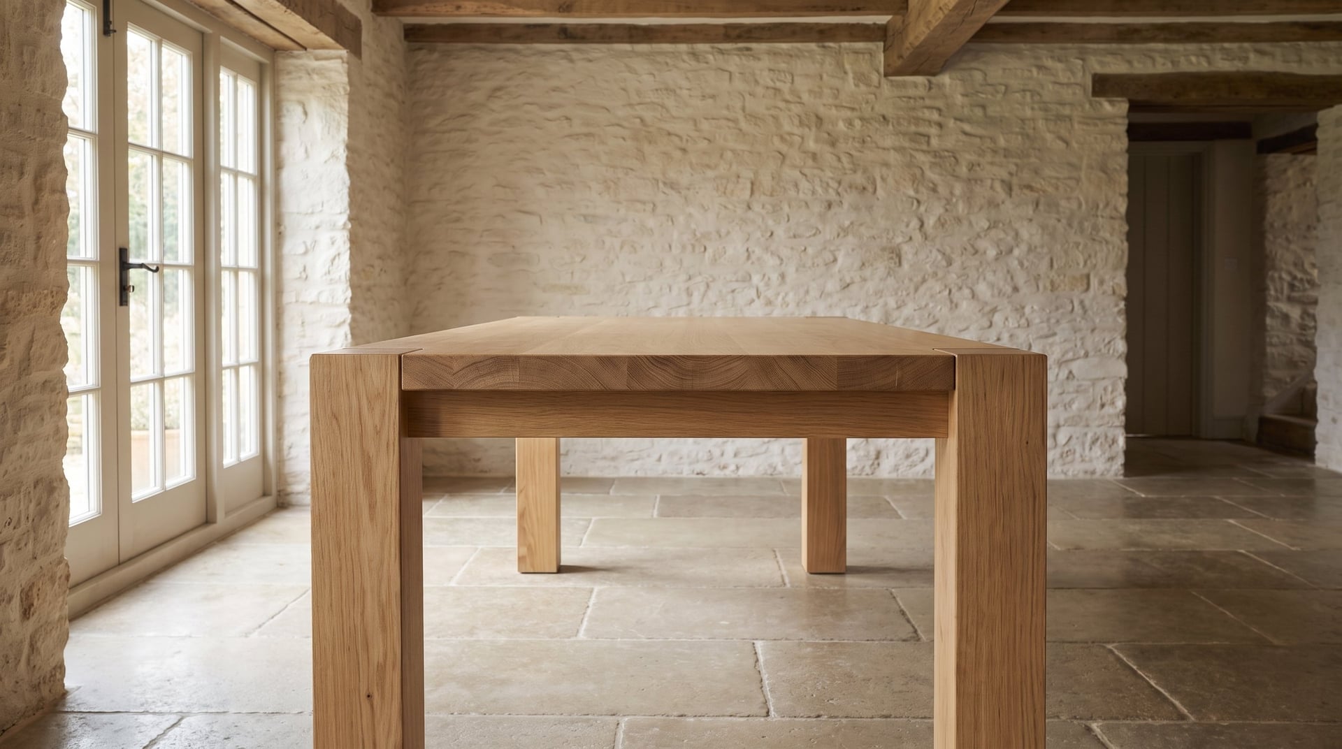 Balkan Dining Table in European oak, head-on and minimal from the end, the posts and the band