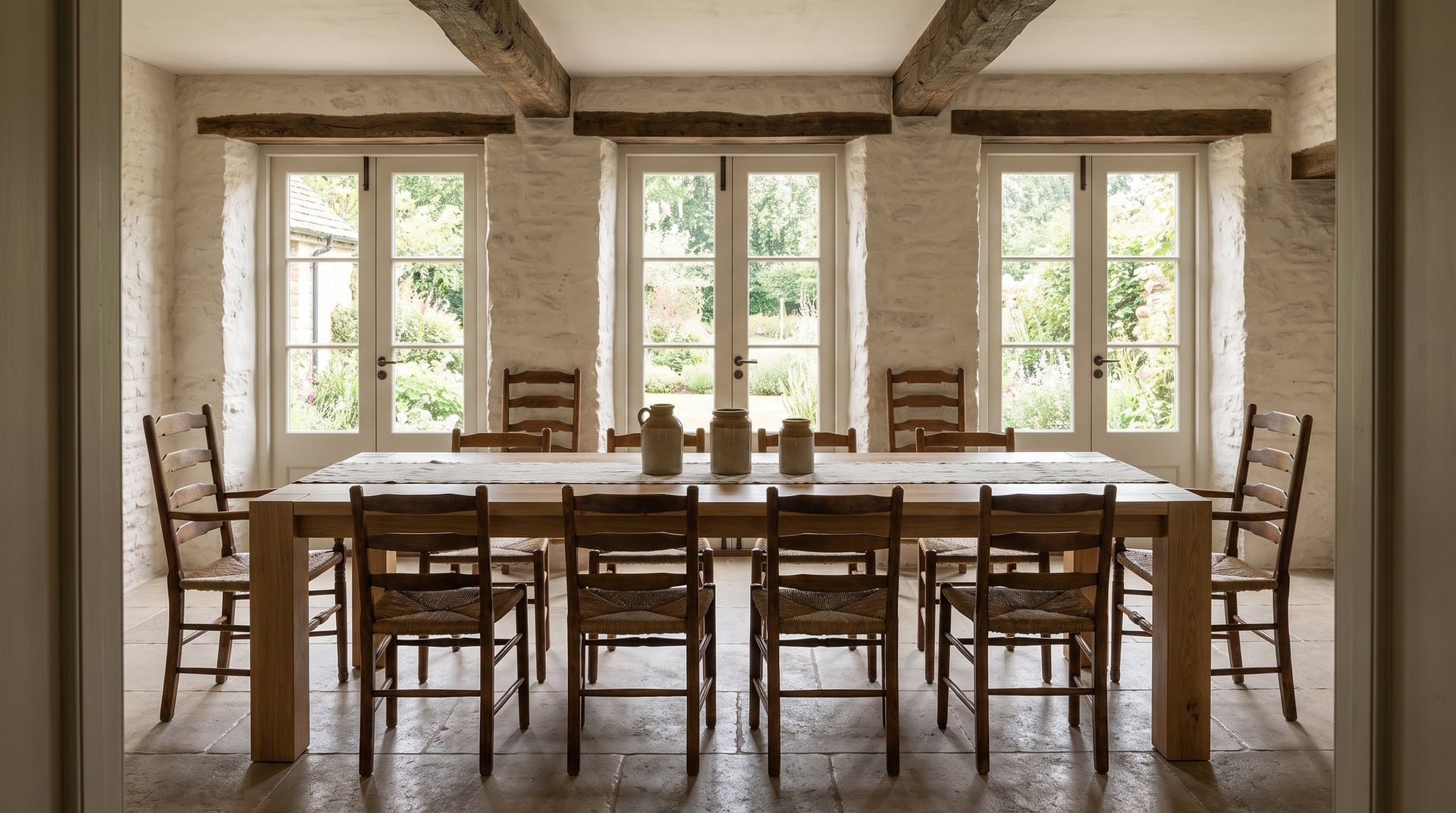 Balkan Dining Table in European oak, the 114-inch from the doorway, ten chairs under the beams