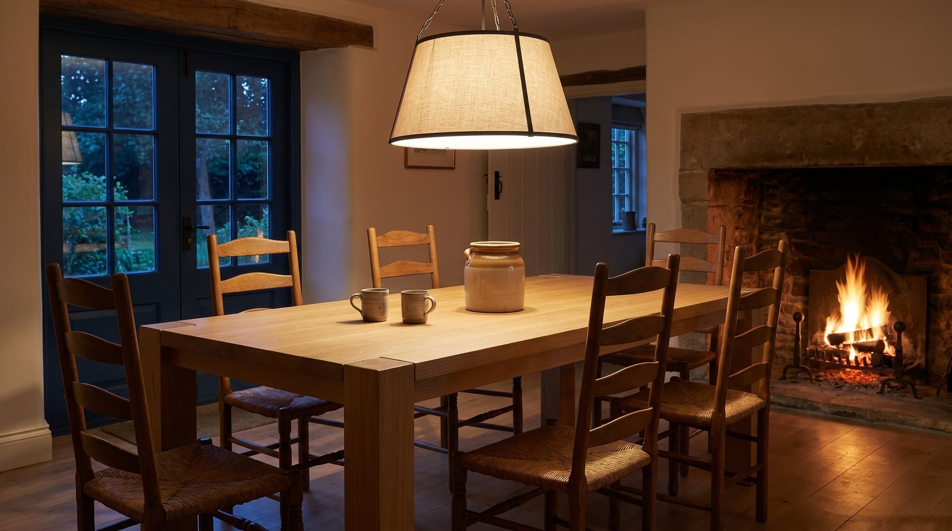 Balkan Dining Table in European oak, evening, the pendant lit and the hearth going
