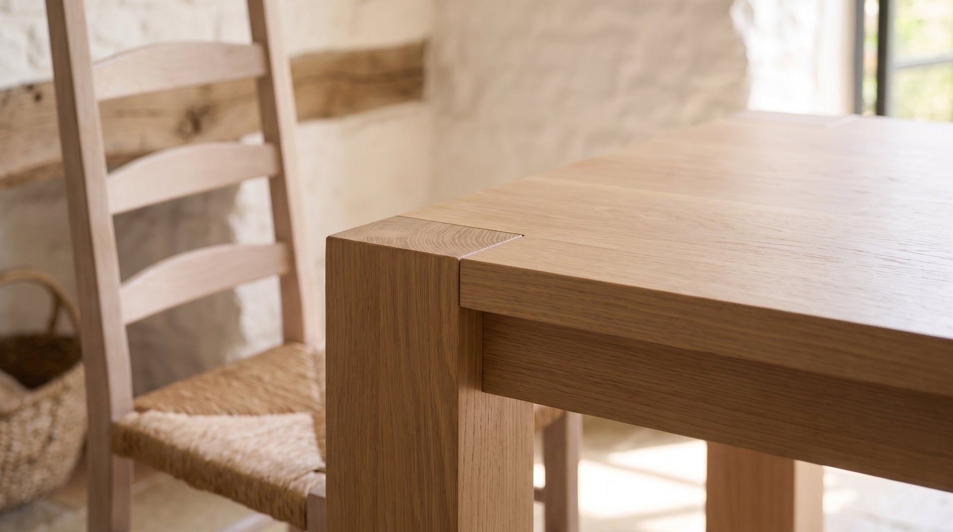 Balkan Dining Table in European oak, the corner: the post's end grain flush in the top, the band set in below