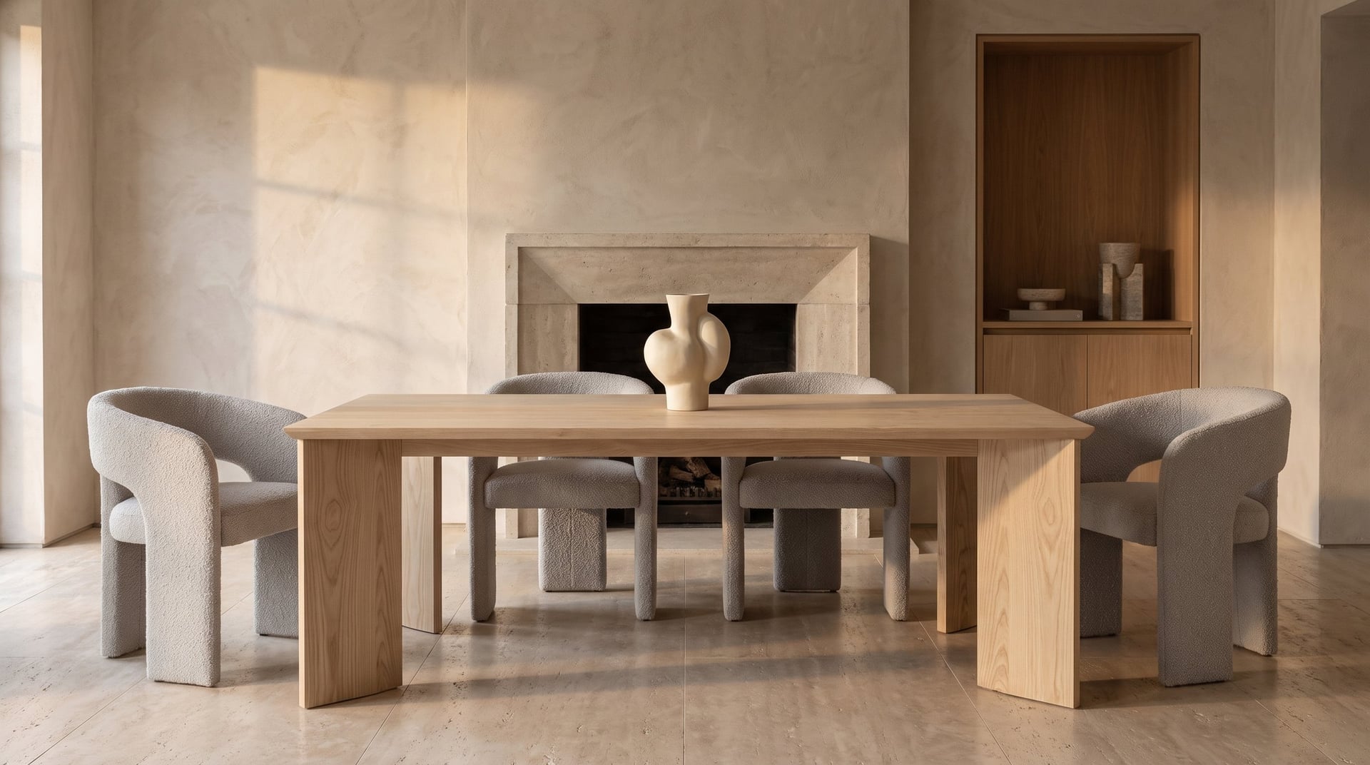 Kouper Dining Table in ash before a limestone fireplace