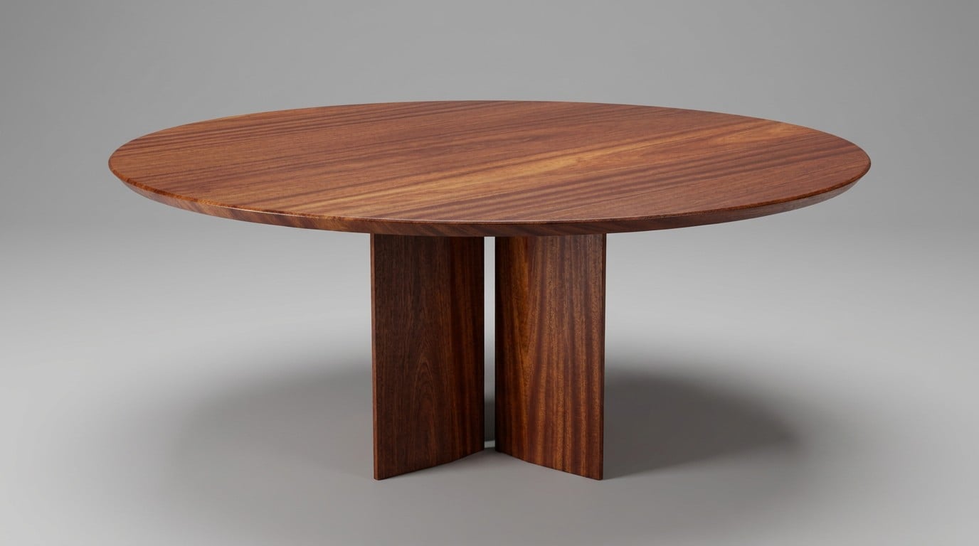 Kouper Round Dining Table in sapele mahogany, three-quarter view