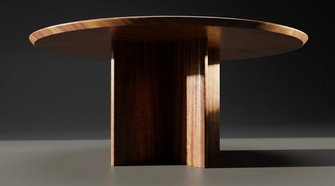 Kouper Round Dining Table in sapele mahogany, side-lit