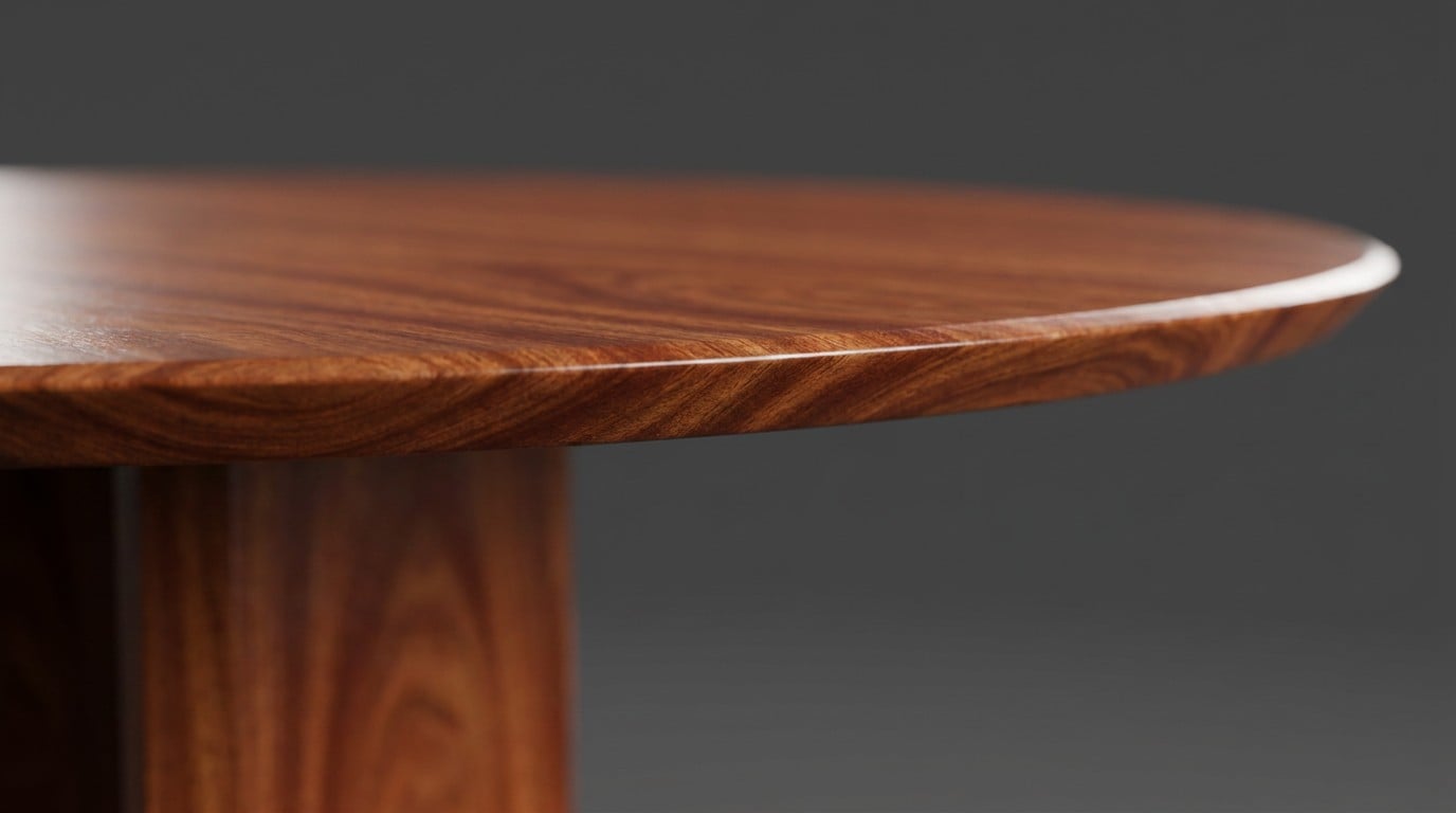 Kouper Round Dining Table, the beveled edge of the top, close