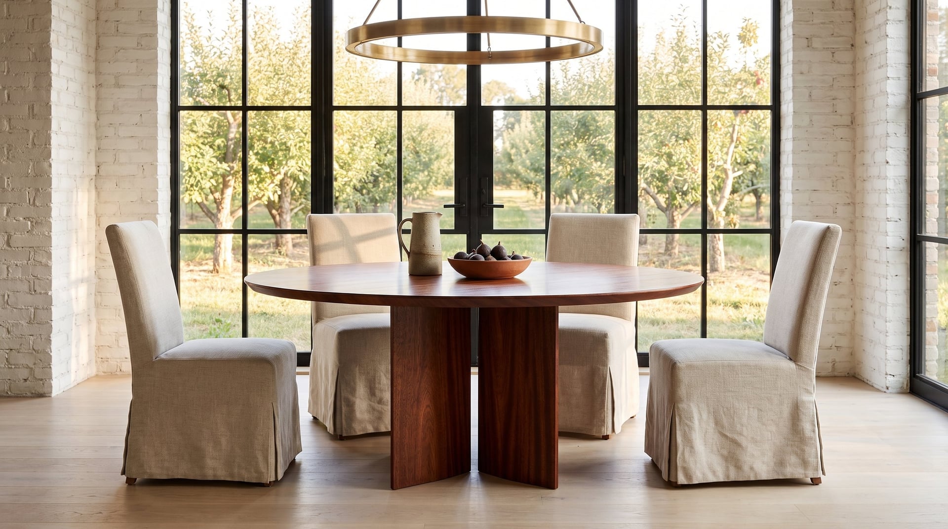 Kouper Round Dining Table in sapele mahogany, against the orchard windows, two chairs pulled out