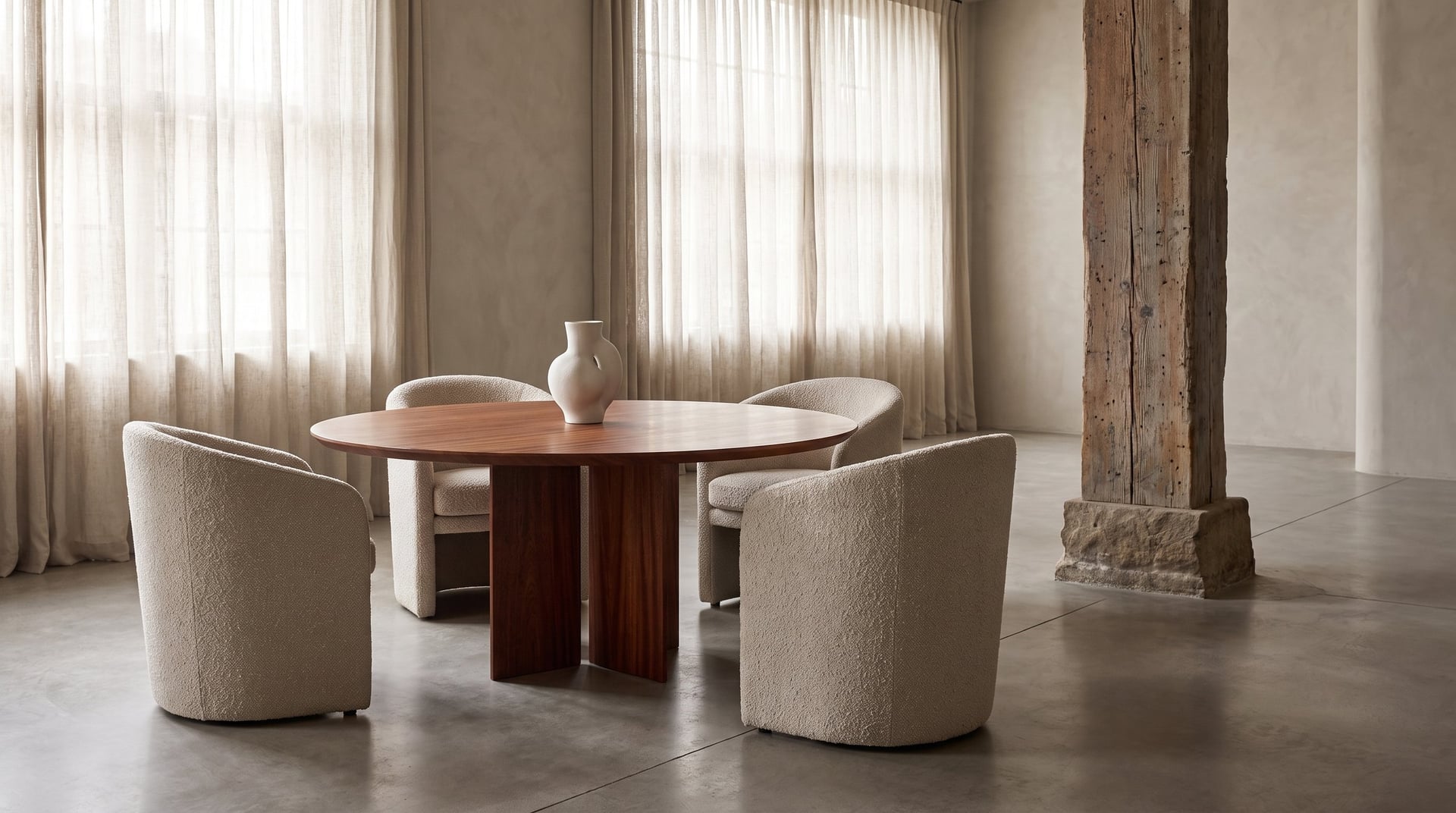 Kouper Round Dining Table in sapele mahogany, a linen-curtained loft with boucle chairs