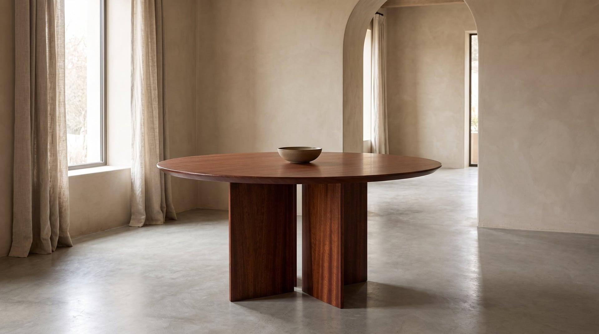 Kouper Round Dining Table in sapele mahogany, alone in a plaster room, from low, the four radial blades
