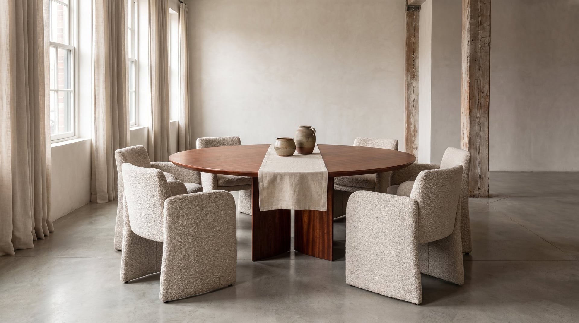 Kouper Round Dining Table in sapele mahogany, the 72-inch, seating eight in a tall loft