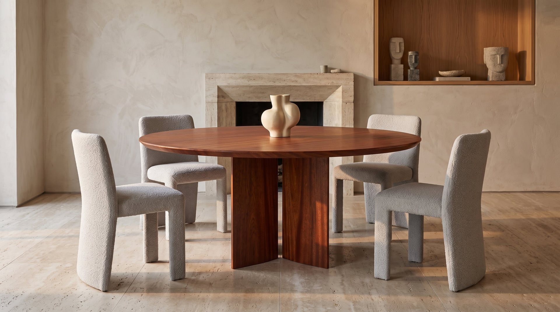 Kouper Round Dining Table in sapele mahogany, before a limestone fireplace