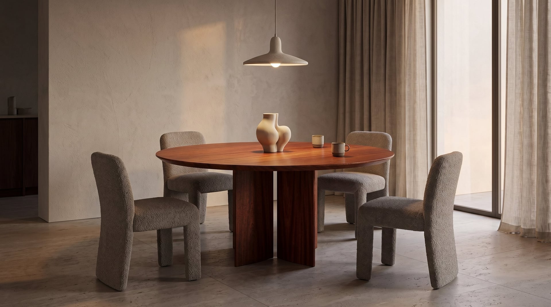 Kouper Round Dining Table in sapele mahogany, at dusk under a plaster pendant