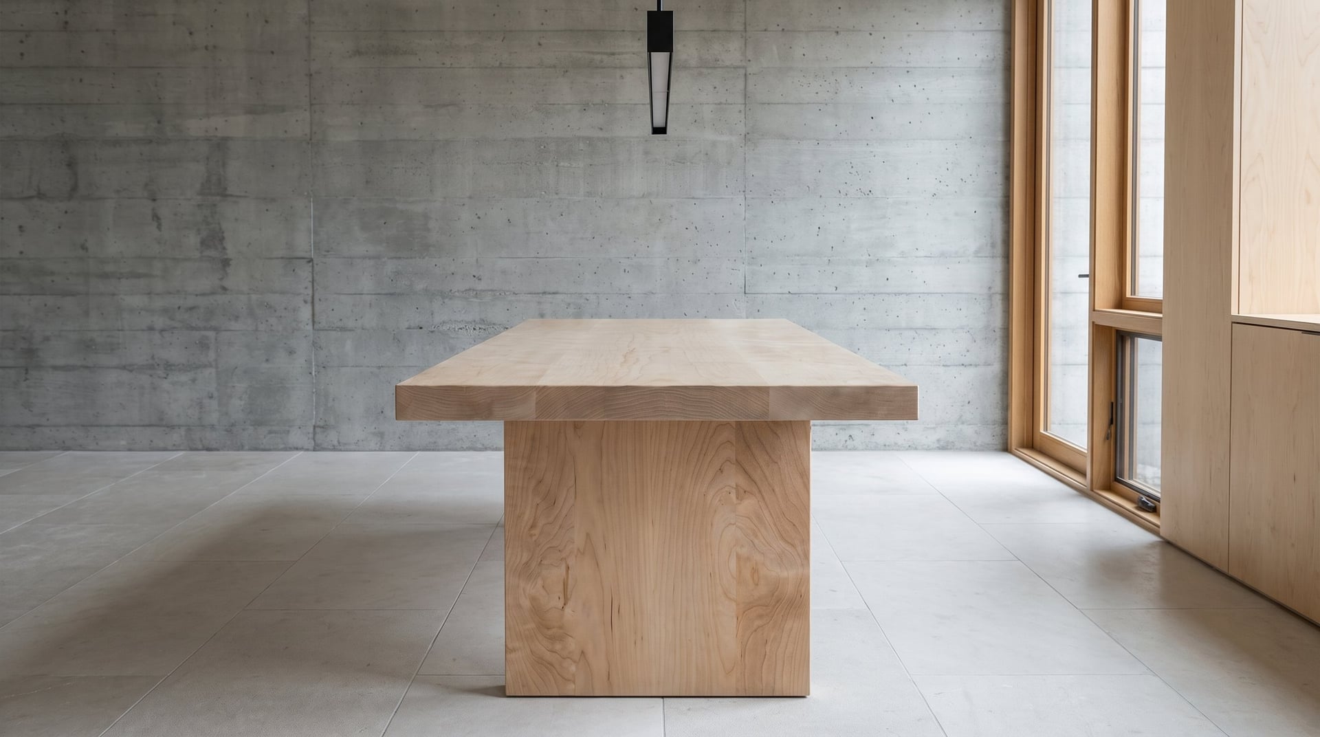 Monolith Hard Maple Dining Table, head-on and minimal, the slab leg under the square edge