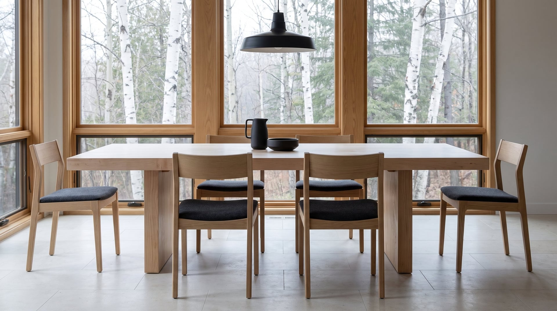 Monolith Hard Maple Dining Table, against the windows, two chairs pulled out