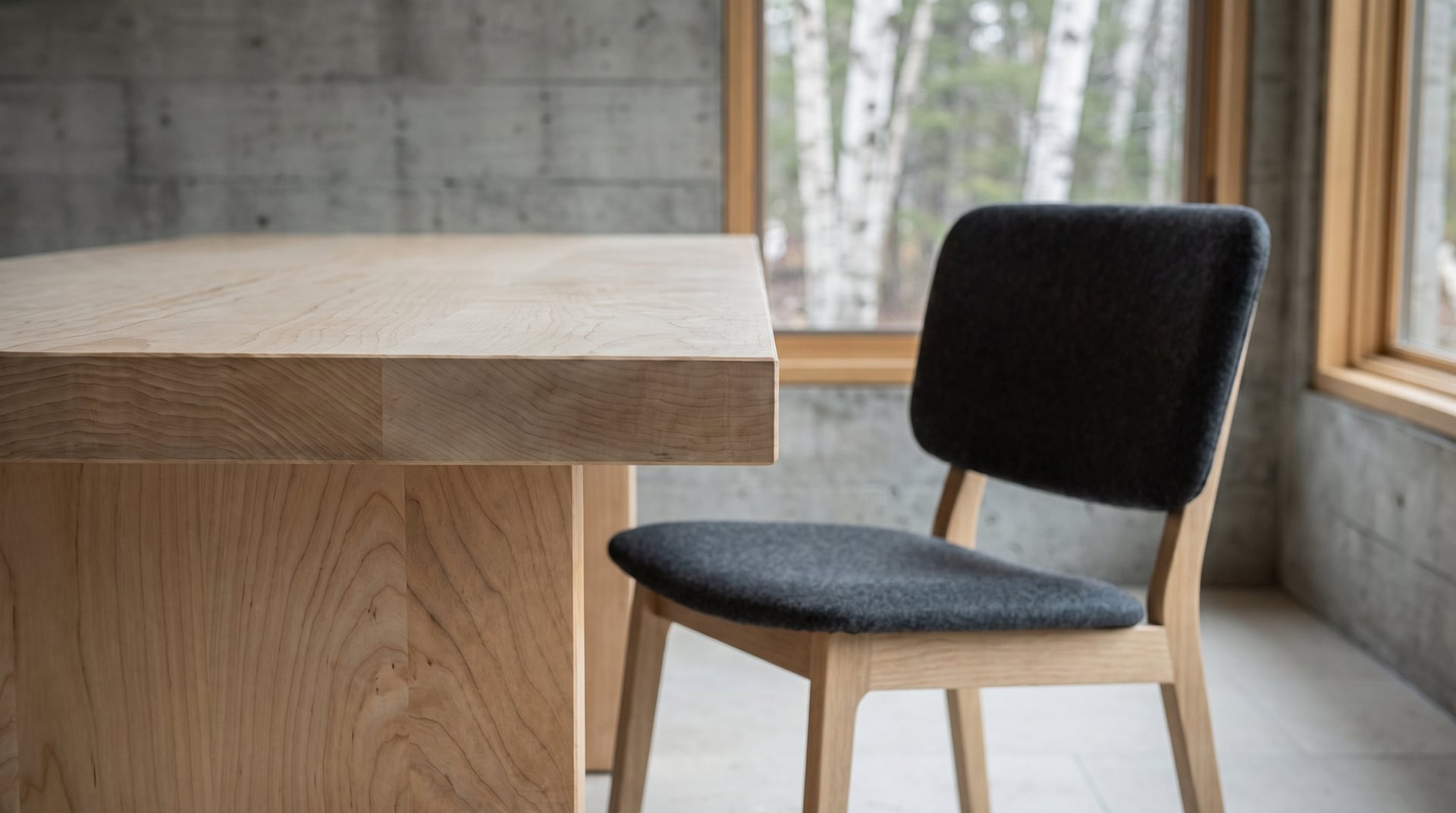 Monolith Hard Maple Dining Table, the square edge and a slab leg, close