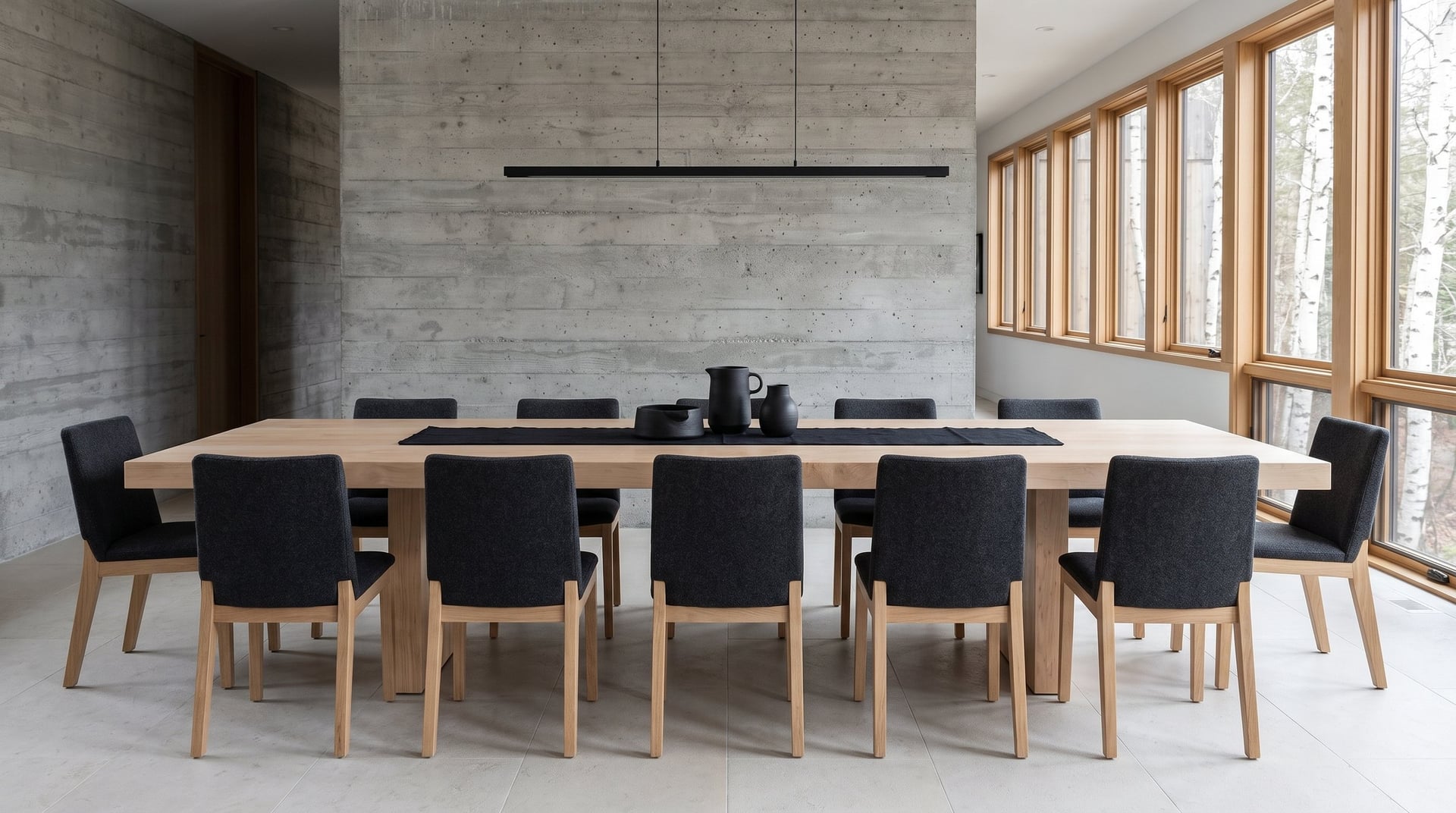 Monolith Hard Maple Dining Table, the 114-inch from the doorway, ten chairs