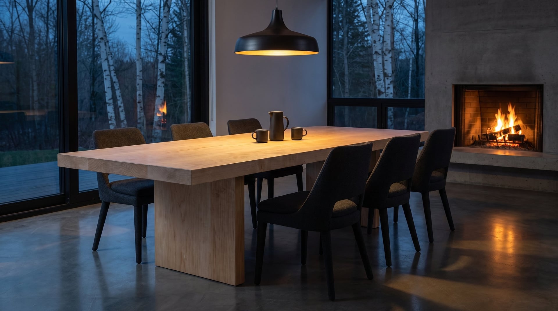 Monolith Hard Maple Dining Table, dusk, the pendant lit and the hearth going