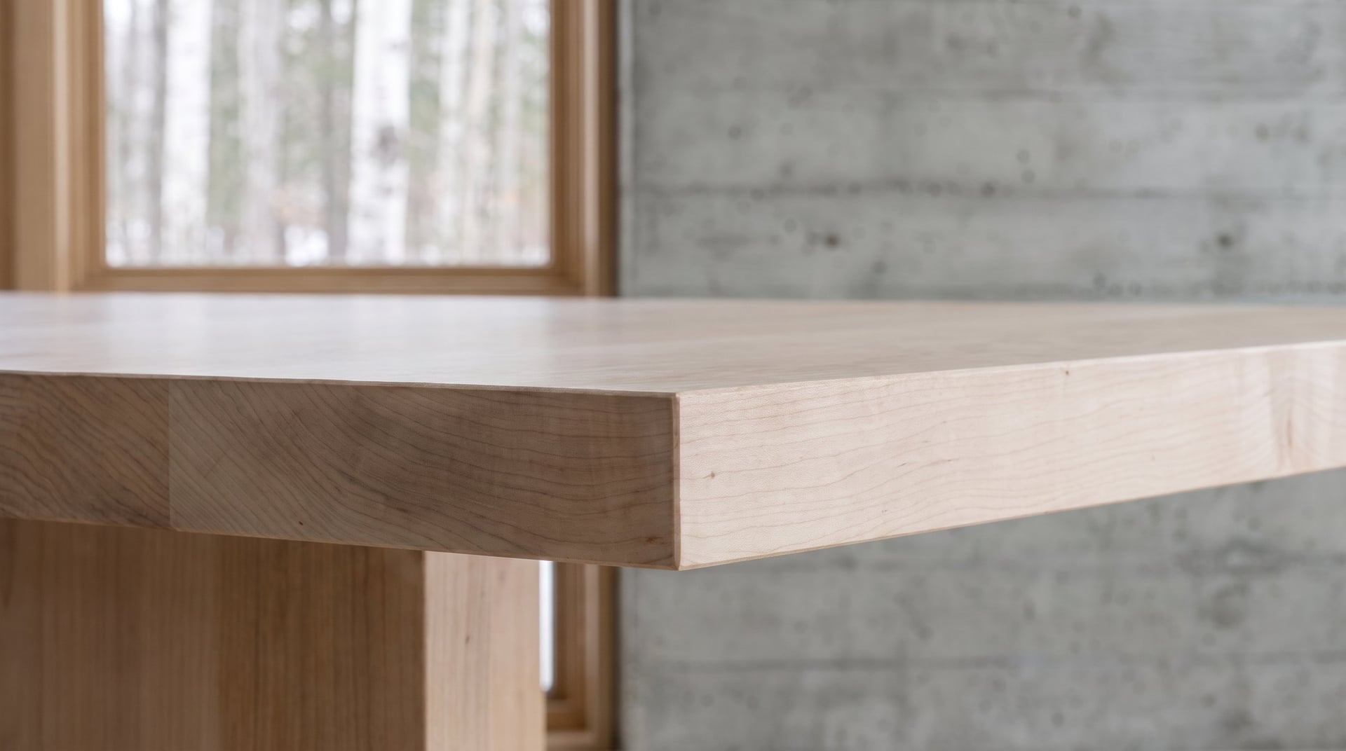 Monolith Hard Maple Dining Table, the square edge of the slab, macro