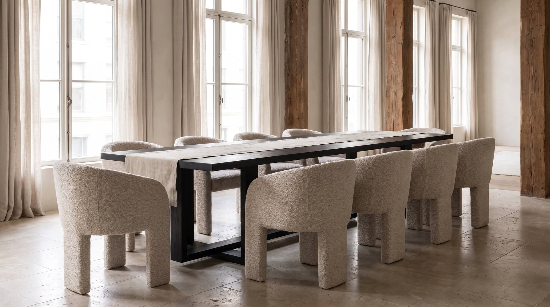 Tesseract Dining Table in black oak, the 114-inch in a long loft, ten chairs and a linen runner
