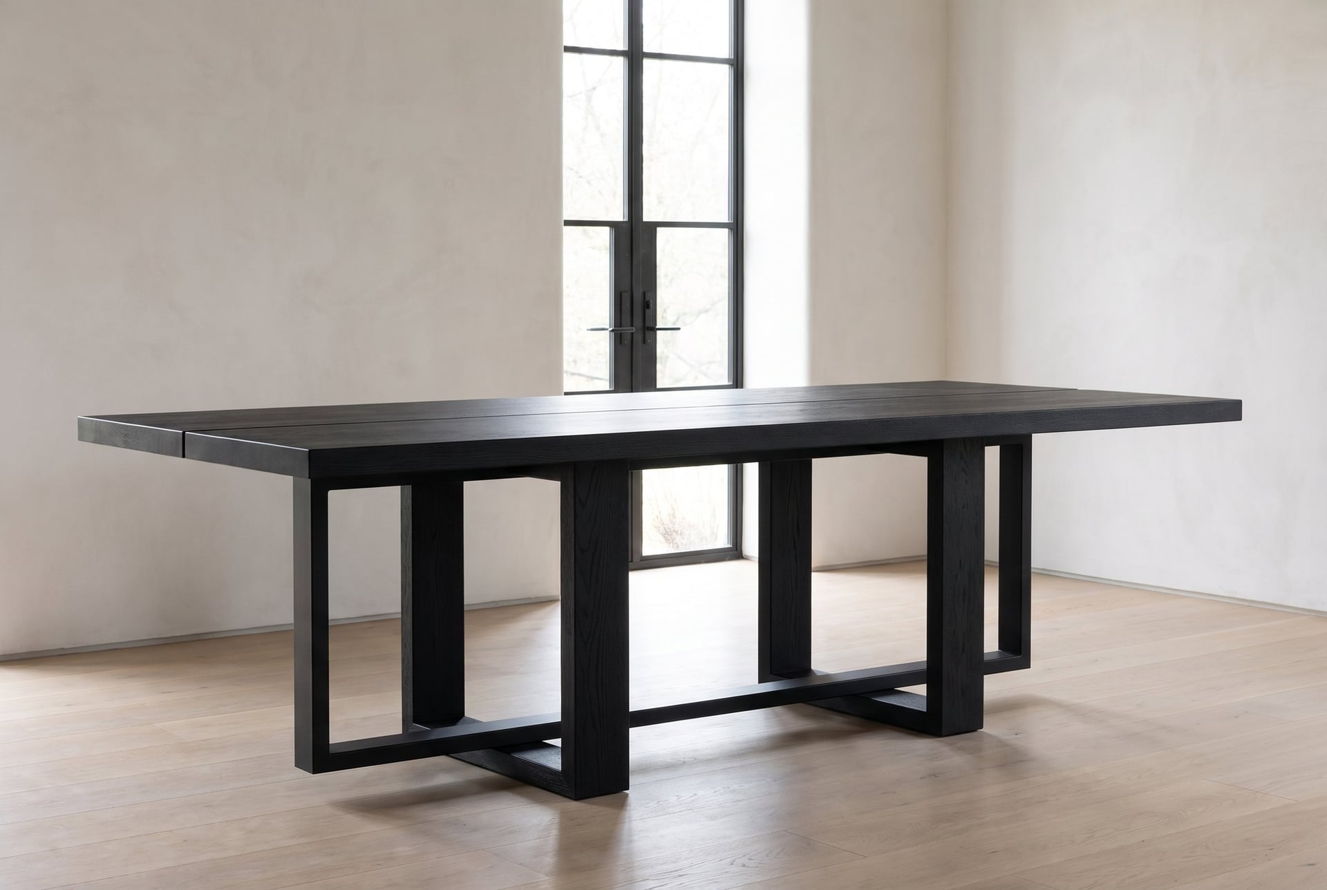 Tesseract Dining Table in black oak, straight on from the side, no chairs, the whole base
