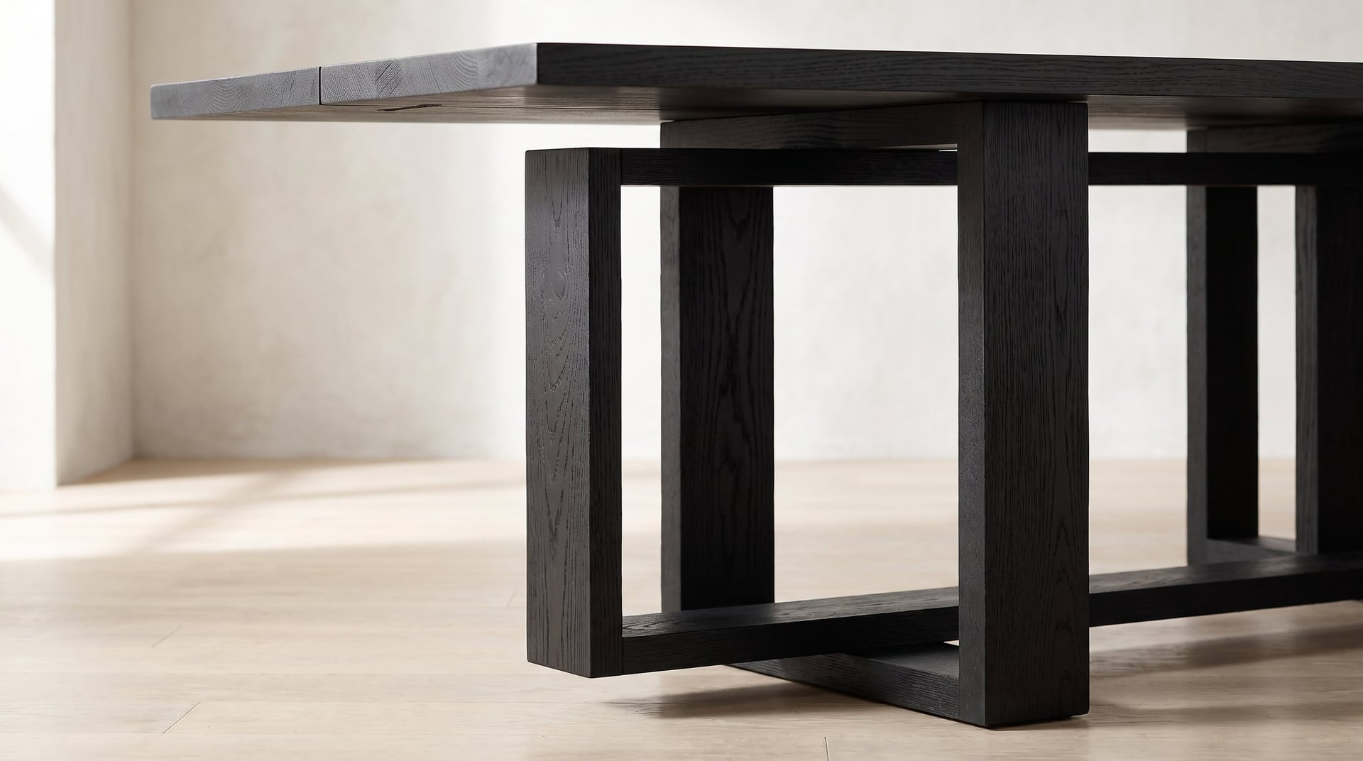 Tesseract Dining Table in black oak, the corner of the cage, thin stock crossing thin stock