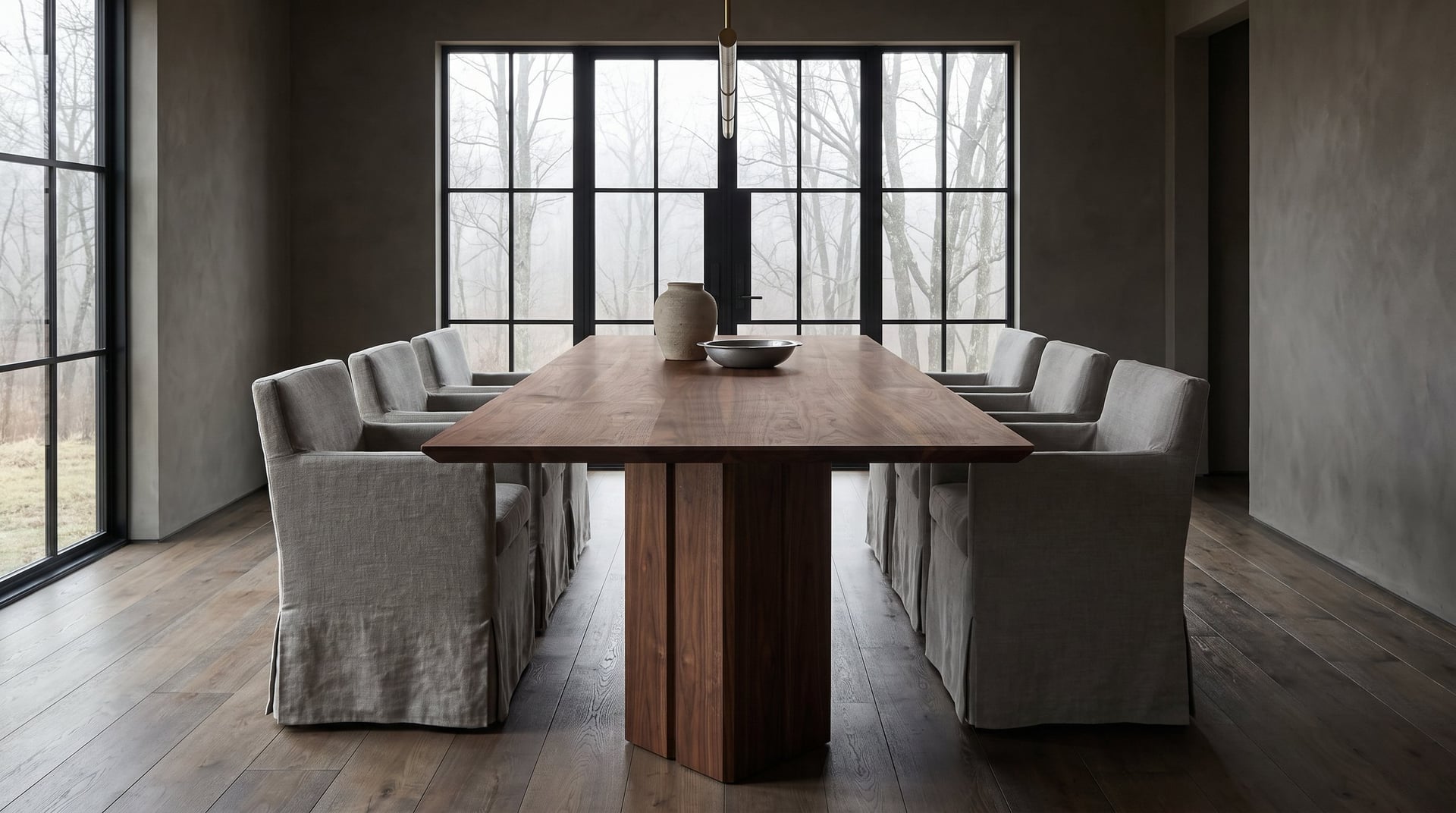 Vekt Walnut Dining Table, head-on from the end, the plank running to the window wall