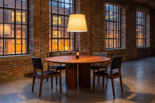 The Kouper Round Dining Table in a brick loft at dusk, one linen pendant over the table, leather-and-oak chairs