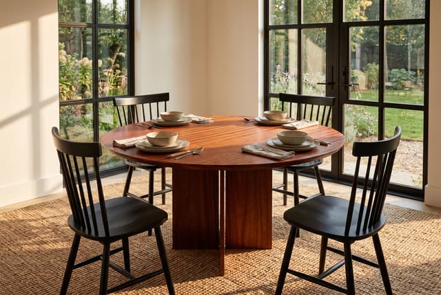 The Kouper Round Dining Table in a modern farmhouse breakfast room, steel windows onto the garden, set for four