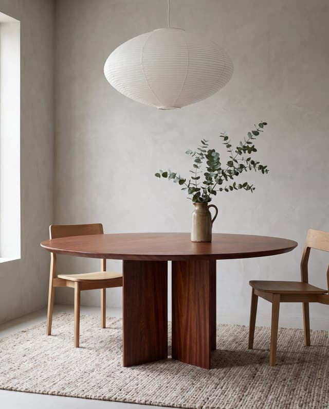 The Kouper Round Dining Table in a quiet Japandi dining room, a paper lantern and eucalyptus