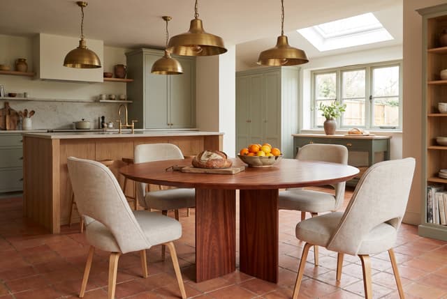 The Kouper Round Dining Table in an open-plan kitchen, sage cabinets and brass pendants, bread on the table