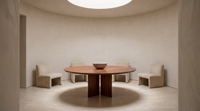 The Kouper Round Dining Table in a plaster rotunda under a round skylight, mohair chairs set back