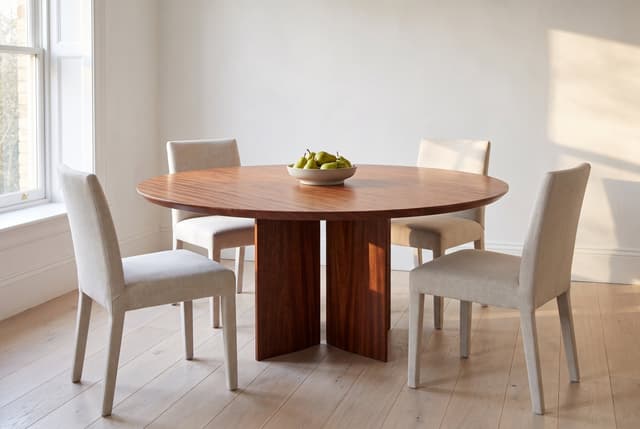 The Kouper Round Dining Table in a bright Scandinavian dining room, four linen chairs and a bowl of pears in morning light