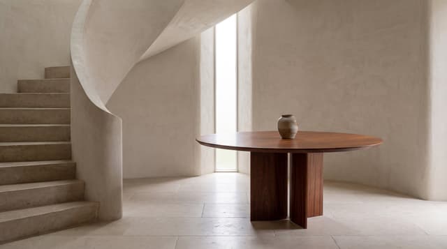 The Kouper Round Dining Table in alone in a limewashed hall beside a curving stone stair