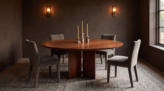 The Kouper Round Dining Table in an umber evening room, bronze sconces and tall candles