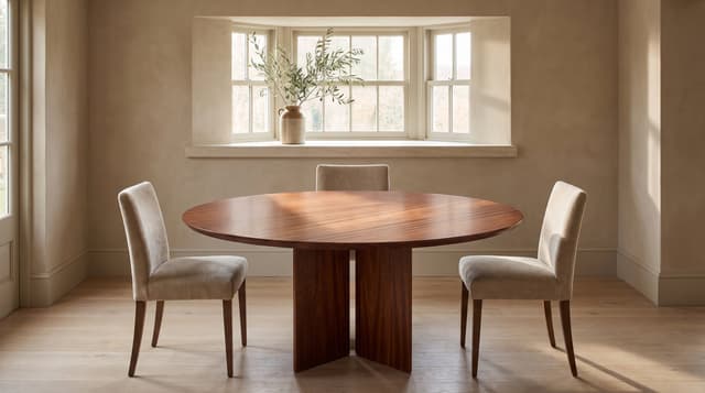 The Kouper Round Dining Table in a limestone window bay with an olive branch, morning light