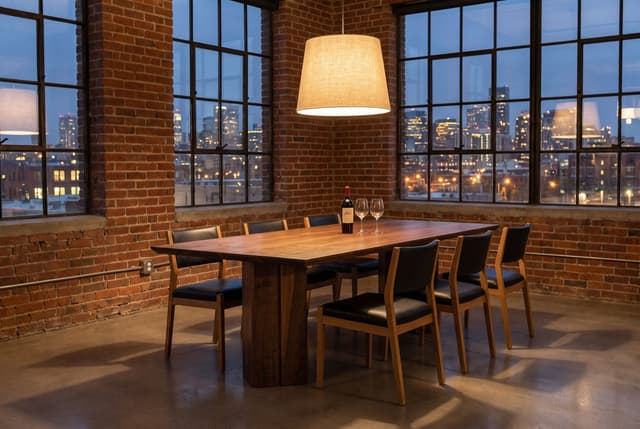The Vekt Walnut Dining Table in a brick loft at dusk, one linen pendant over the table, leather-and-oak chairs